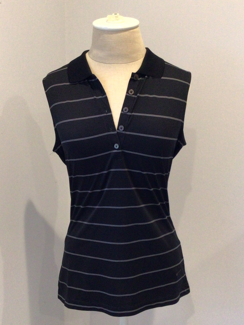 Nike Black Sleeveless Polo Tank with Thin Gray Stripes
